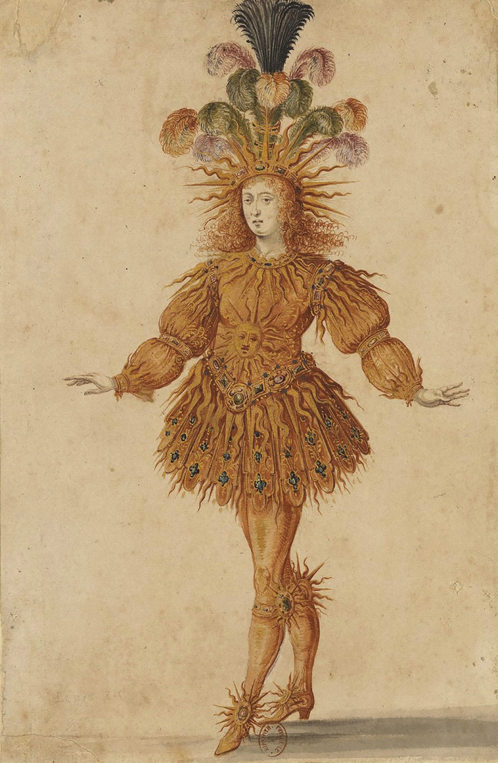 Costume du Ballet intitulé La Nuit représenté à la Cour en 1653, dans lequel Louis XIV figura habillé en soleil. Auteur anonyme, aquarelle, mine de plomb, lavis, rehaussé d’or.