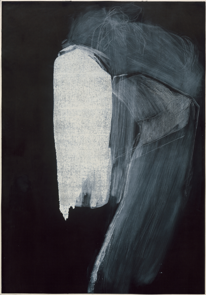 M encre noire, 2018, Série “ Sommeils ”, 100x70 cm, gravure sur zinc, taille directe impression à l’encre blanche sur feuille recouverte d’encre typographique noire ​