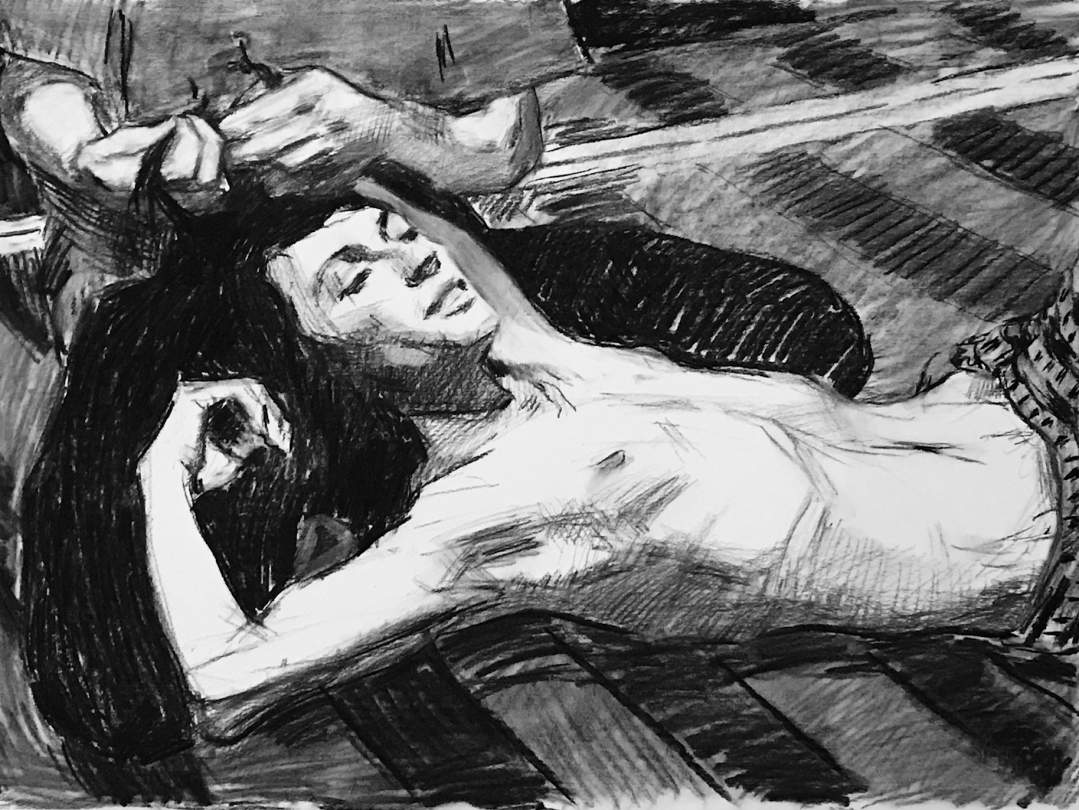 Timothée Gruel, "L'amphisbène", fusain sur papier Fabriano, 56x76 cm, 2019