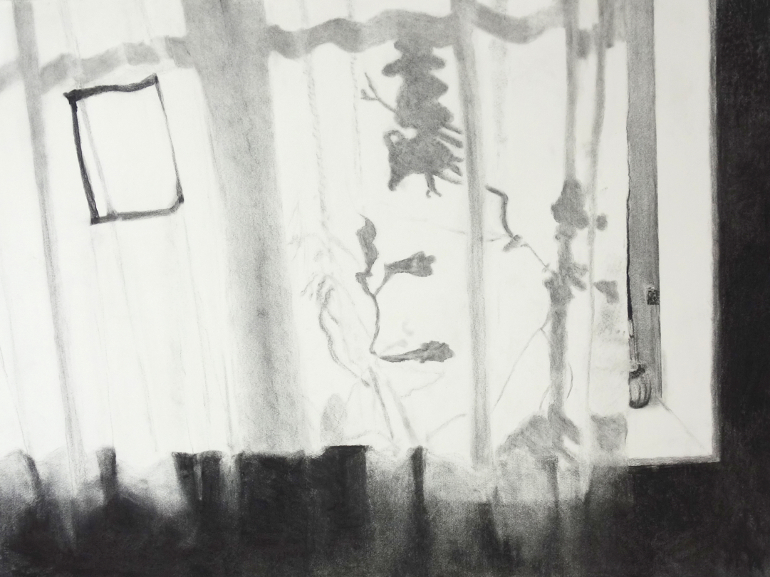 Emmanuelle Rosso, "Bord de route", fusain sur papier, 56 x 76 cm, 2019