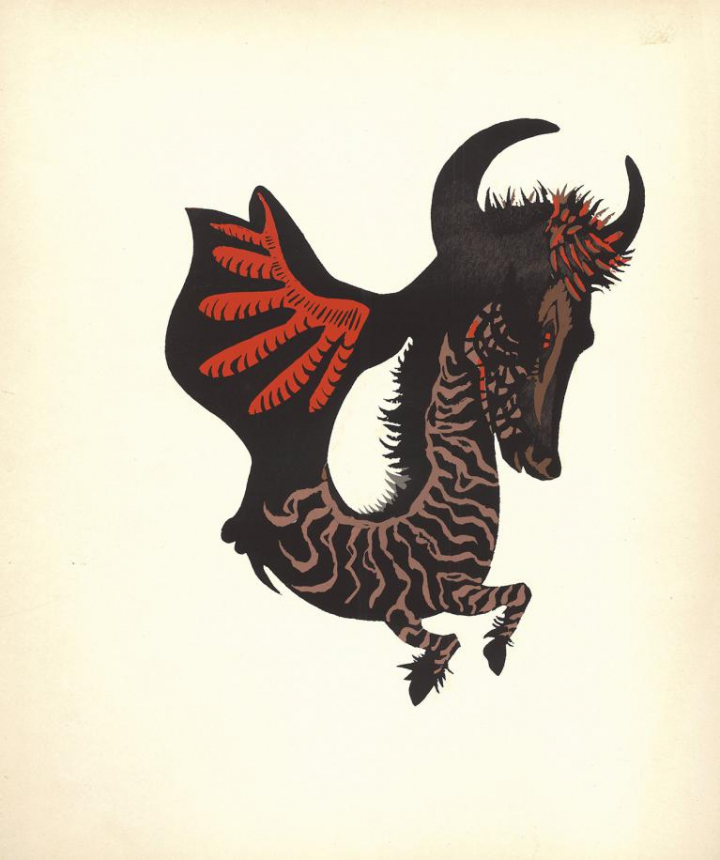 Jean Lurçat (1892-1966), Le taureau zébré, 1951, gouache, 38 x 28 cm. Issu du Bestiaire fabuleux,  poèmes de Patrice de La Tour du Pin,   Maurice Darantière éditeur. Collection Fondation Jean et Simone Lurçat.