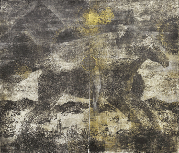 le cavalier, linogravure, 215 X 246 cm, 2014