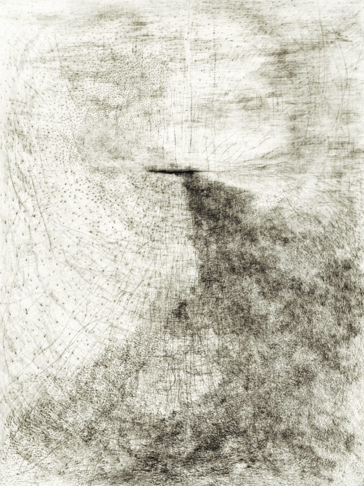 "Grand Gris", "Bascule", 2017, 56x76 cm, taille directe (pointe sèche, grattoir, brunissoir) sur zinc