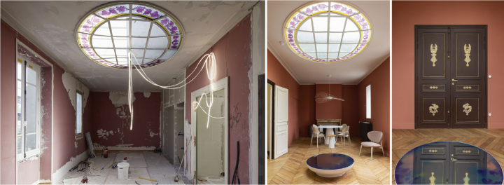 Second étage de la villa, en travaux... et après rénovation. Photos © Constance Guisset Studio, Daniele Rocco et Léa Guintrand, Adagp, Paris, 2024