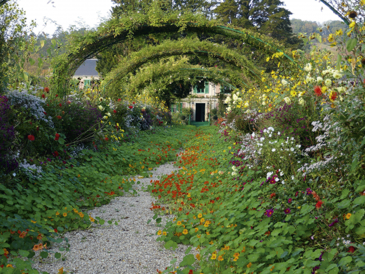 Le chemin central se borde de capucines et de roses odoriférantes.