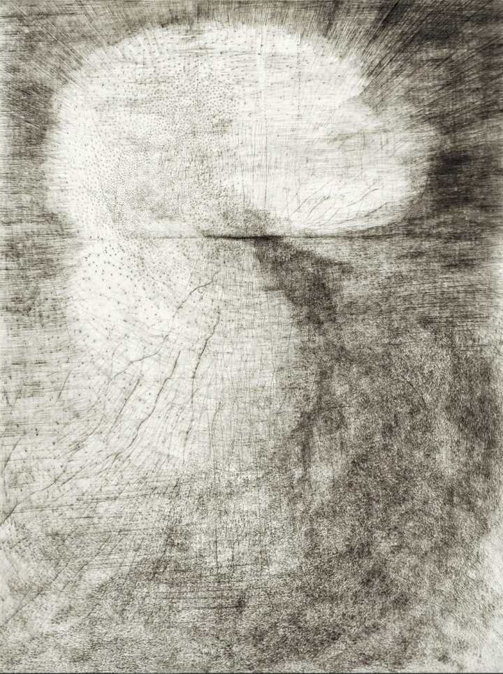 "Grand Gris", "Bascule", 2017, 56x76 cm, taille directe (pointe sèche, grattoir, brunissoir) sur zinc