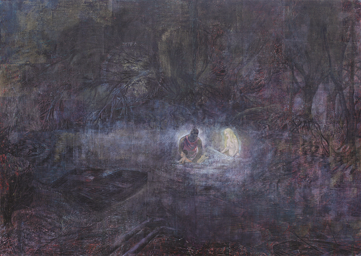 La baignade dans la rivière, linogravure, 90 x 120 cm, 2017