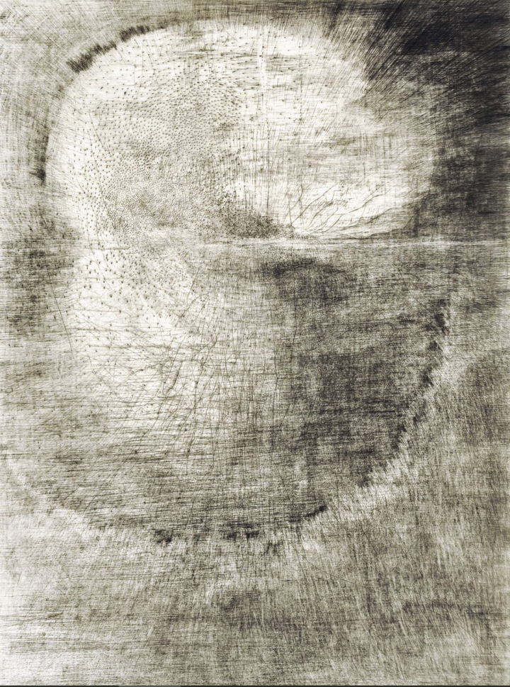 "Grand Gris", "Défaire", 2018, 56x76 cm, taille directe (pointe sèche, grattoir, brunissoir) sur zinc