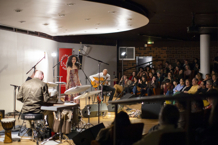 Concert du groupe Manushan en mai 2019 sur le site du Marais. La violoniste et chanteuse Aïda Nosrat (Iran) et le guitariste Babak Amir Mobasher (Iran), en résidence à la Cité internationale des arts, invitaient, à l’occasion de ce concert, Patrick Goraguer, batteur/pianiste et Antonio Licusati, bassiste/contrebassiste. Photo Maurine Tric