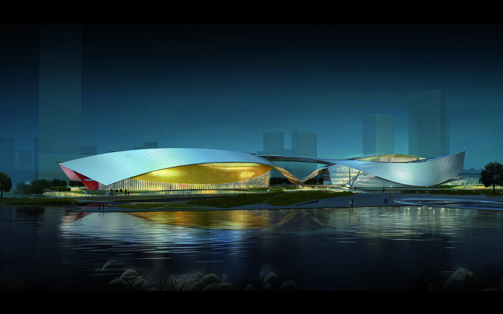 Centre culturel de Suzhou, Chine, vue de nuit sur le lac © 2Portzamparc, ADAGP, Paris, 2022