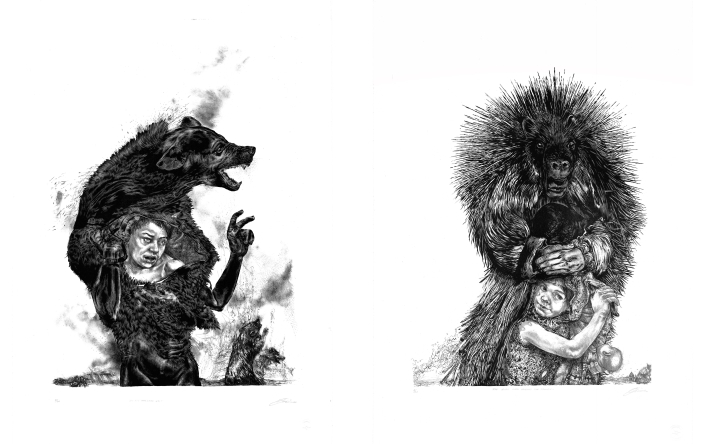 The Boy Who Cried Wolf , (Première lithographie du triptyque « The Holy Masquerade »), 108x78 cm, 2019 ; The Girl Who Started the Trouble (Troisième lithographie du triptyque « The Holy Masquerade »), 108x78 cm, 2019