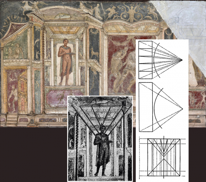 « Le point de fuite remplacé par une ligne de fuite », théorie d’une perspective angulaire décrite par Erwin Panofsky (1892-1968) dans son ouvrage La perspective comme forme symbolique (1927) : [1] Dionysos ivre, fresque de la Maison de Méléagre, Pompéi,  166 x 267 cm, 1 er siècle après J.-C., et sa perspective