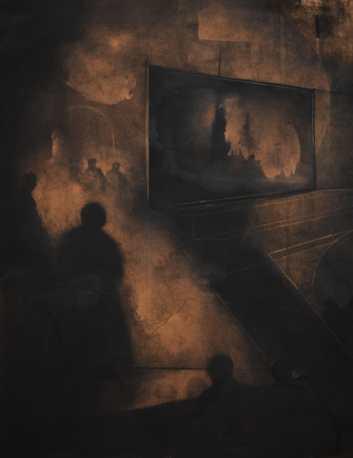 Joshua Durrant, "Ecrans", fusain sur papier, 65 x 50 cm, 2019