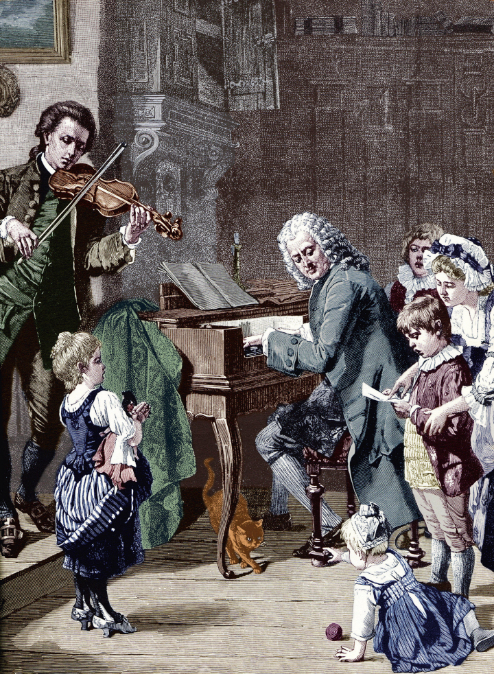 Auteur inconnu, Jean-Sébastien Bach au clavecin, avec sa famille pour la prière du matin, vu par le romantisme du XIXe siècle..., gravure sur bois, non datée.