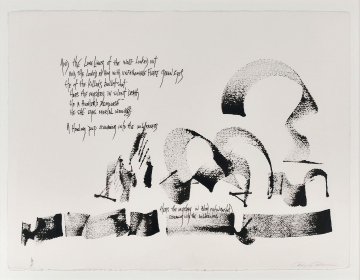 Dessin de Carolyn Carlson, encre de Chine sur papier vélin : The wolf looked out, 1995, 57,5 x 77cm, courtesy Carolyn Carlson et Galerie Isabelle Gounod. Sélection Master Now / Drawing Now 2020.