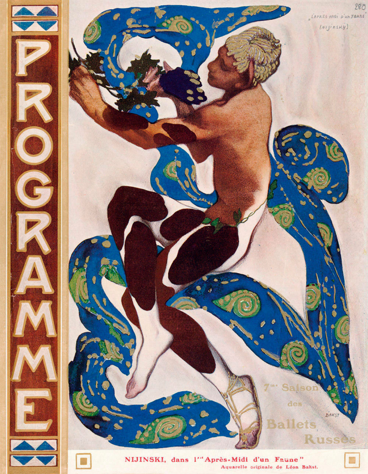 Aquarelle de Léon Bakst (1866-1924) pour le ballet L’Après-midi d’un faune – dont il avait également conçu les décors et les costumes –, représentant Vaslav Nijinski. Création par les Ballets russes de Serge Diaghilev au Théâtre du Châtelet de Paris, en mai 1912.