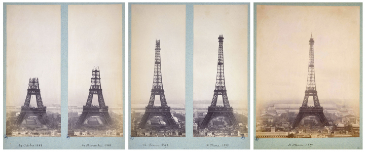 Vues de l’évolution de la construction de la Tour photographiée par Théophile Féau, de1887 à 1889