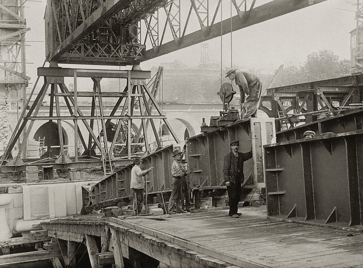 Auteur inconnu, Pont Alexandre III, Paris (7 e et 8 e arr.), pose des voussoirs en acier, vers 1898