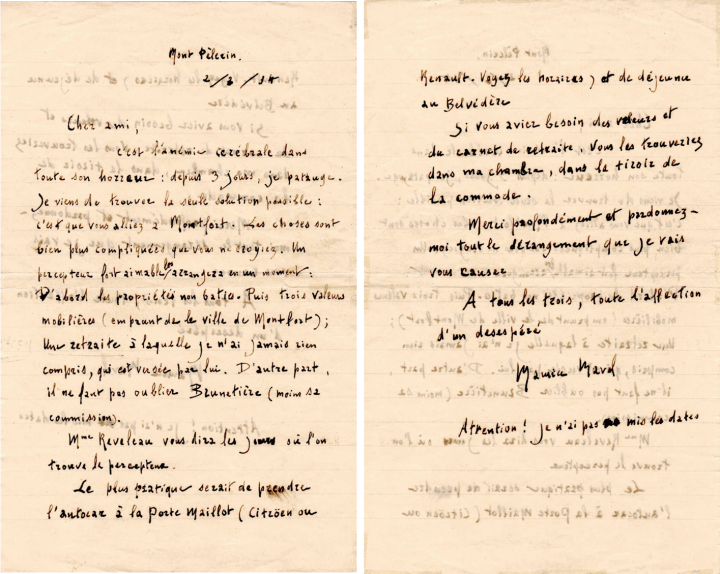 Lettre de Maurice Ravel, écrite le 2 mars 1934 à son ami le compositeur Lucien Garban (1877-1959) : « Cher ami, C'est l'anémie cérébrale dans toute son horreur, depuis trois jours, je patauge... »