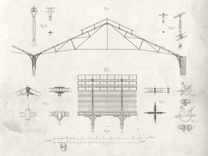Coupes et détails de la charpente de la gare de chemin de fer de Saint-Germain, à Paris, extrait de Léonce Reynaud