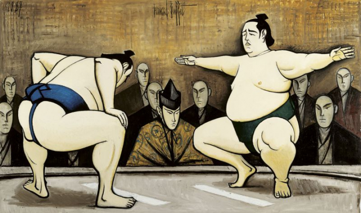 Bernard Buffet (1928-1999), « Sumo, Chiri-O-Kiru », 1987, huile sur toile, 203 x 340 cm, Collection Fonds de Dotation Bernard Buffet. © ADAGP, 2016