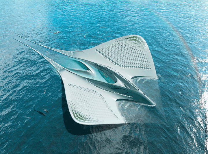 Projet de Jacques Rougerie Architecte : "La cité des Mériens" (projet 2009). Concept bionique d’une Université océanographique internationale dérivant dans les grands courants océaniques
