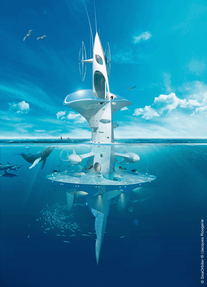 Projet de Jacques Rougerie Architecte : "SeaOrbiter" (lancement prévu en 2020). Base océanographique mobile, ce vaisseau vertical dérive au gré des courants avec à son bord 18 océanautes. La biodiversité se développera naturellement sur, et autour du navire.