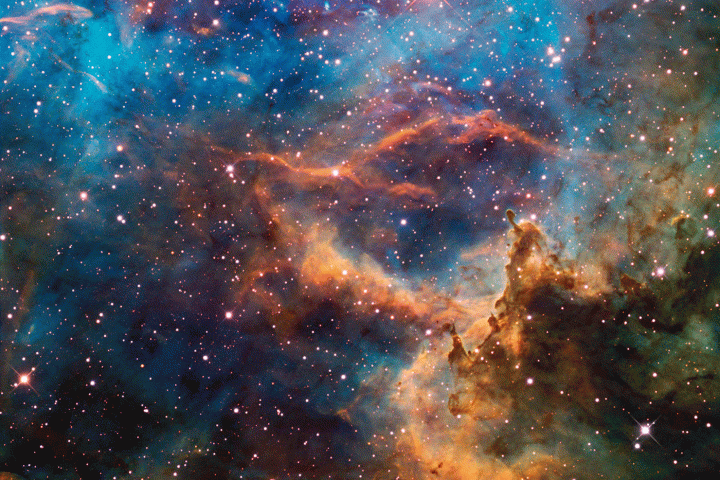 Photo prise par le télescope Hubble de la nébuleuse de la Rosette, aussi connue comme Caldwell 49, en utilisant la technique dite de "fausse couleur", utilisée fréquemment en imagerie astronomique. Le principe est d’associer une couleur spécifique à une plage de gris donnée, dans le but de rendre les zones correspondantes plus visibles. Photo NASA/ESA