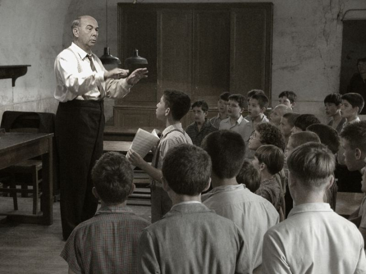 Gérard Jugnot dans "Les Choristes" , comédie dramatique française réalisée par Christophe Barratier (2004), un des plus gros succès de l'histoire du cinéma français avec huit millions et demi d'entrées en dix semaines d'exploitation. Les voix utilisées pour les chansons du film furent celles des Petits chanteurs de Saint-Marc, à Lyon, dirigés par Nicolas Porte.