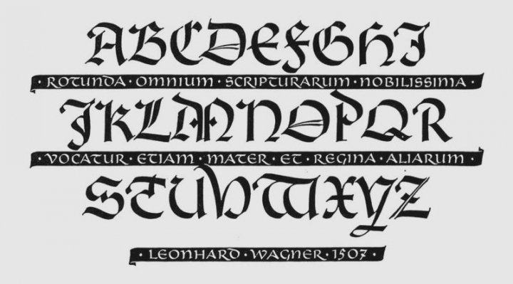 Exemple de caractère gothique de type « Shawabacher », Gothique Rotunda, créé par Hermann Zapf (Allemagne) en 1952. Publié dans son ouvrage «Feder und Stichel», imprimé à Francfort