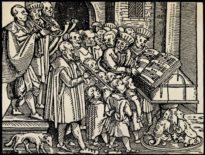 "Le Cantor", exécution musicale en chœur, dans les premiers temps de la Réforme (vers 1550). Les chanteurs sont soutenus par deux cornets et une trompette.
