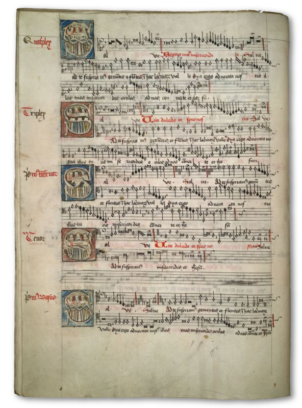 Illustration : Salve Regina à 9 voix du compositeur et maître de chœur Robert Wylkynson (circa 1505), extrait de la première parution du Choirbook (recueil de musique) de l'Eton College. Ms. 178 / f. 26v (33v). L'œuvre est particulièrement représentative du style de l'Eton Choirbook et de la tradition chorale à la fin du Moyen-âge. © Reproduced by permission of the Provost and Fellows of Eton College