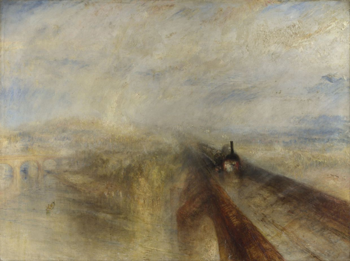 Joseph Mallord William Turner, « Pluie, vapeur et vitesse, Le grand chemin de fer de l'Ouest », 1844, huile sur toile, 91 x 121.81 cm. National Gallery, Londres.