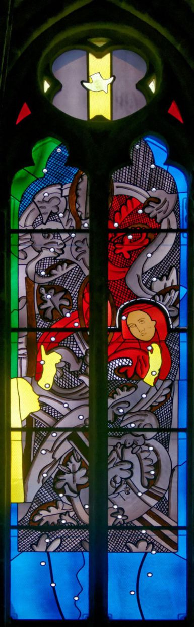 Un des nombreux vitraux conçus par Jean-Michel Alberola, et réalisés par les Ateliers Duchemin, pour la cathédrale Saint-Cyr-et-Sainte-Juliette de Nevers, à partir de 1987-1988. Photos DR