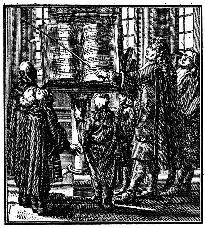 Le Cantor, maître de chant, fait travailler ses élèves dans une église allemande. Gravure de Weigl, 1698.