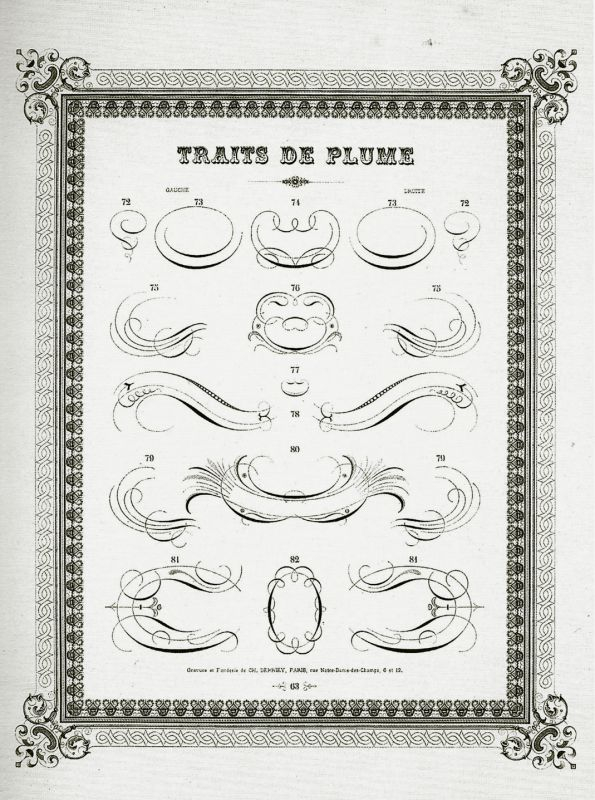 Il n’y a pas que des lettres dans les spécimens de caractères. Ici présentation originale de traits de plume (utilisés par exemple dans les faire-part, menus, etc.). Extrait du Spécimen-Abum de Derriey (1862). Photo Jacques André