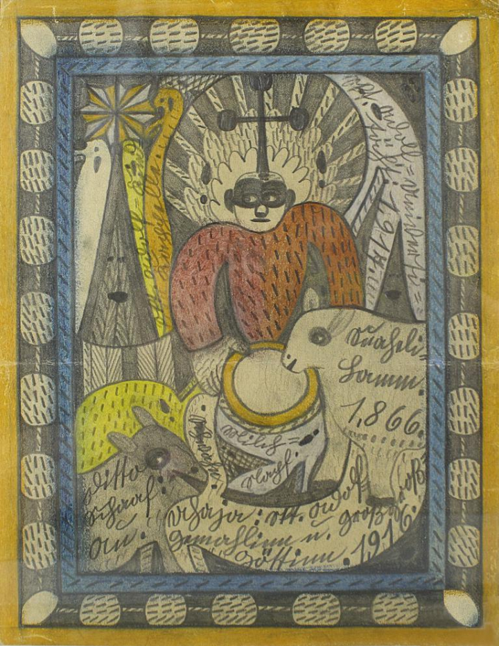 Adolf Wölfli (1864-1930), Sans titre, 1920, graphite et crayon de couleur sur papier, 28,8 x 22 cm. Cette œuvre a appartenu à André Breton.   Courtesy Christian Berst Art Brut.