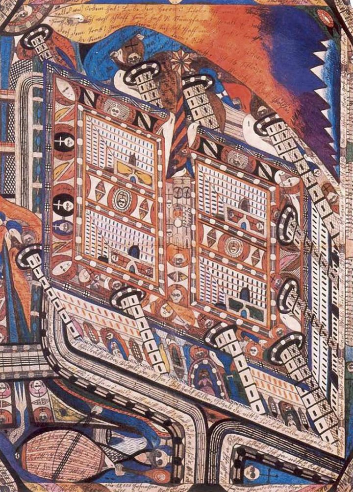 Adolf Wölfli (1864-1930), Irren-Anstalt Band-Hain (1910), crayons de couleur sur papier, 99,7 x 72 cm. Collection de l’Art Brut, Lausanne.