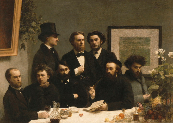 Henri Fantin-Latour  (1836–1904), Coin de table, 1872, huile sur toile, 160 x 225 cm. Musée d’Orsay.  Initialement prévu comme un hommage à Charles Baudelaire, le Coin de table est un témoignage de l’histoire littéraire du 19e siècle et du groupe des poètes Parnasse en particulier.   Debout, de gauche à droite : Elzéar Bonnier, Émile Blémont (qui a acheté la peinture et l’a donnée au Louvre en 1910) et Jean Aicard. Assis : Paul Verlaine et Arthur Rimbaud, Léon Valade, Ernest d’Hervilly et Camille Pelletan. Sont absents : Charles Baudelaire, mort en 1867 et Albert Mérat qui n’a pas voulu être peint. Il est symboliquement représenté par le bouquet de fleurs, à droite.