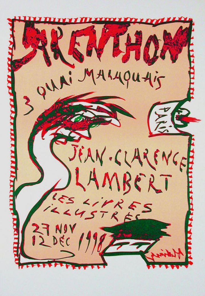 Pierre Alechinsky (né en 1927), affiche de l’exposition des livres illustrés pour Jean-Clarence Lambert, à la galerie Arenthon (Paris), 1998.