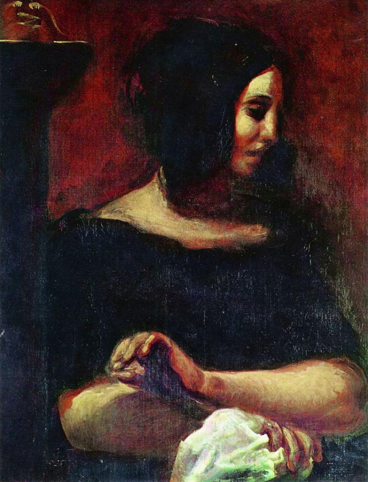  Eugène Delacroix (1798–1863), Portrait de George Sand, 1838, huile sur toile, 79 x 57 cm.   Cette œuvre inachevée représentant, à l’origine, George Sand et Frédéric Chopin, fut découpée par la suite en deux portraits distincts.  Musée Ordrupgaard de Copenhague, Danemark