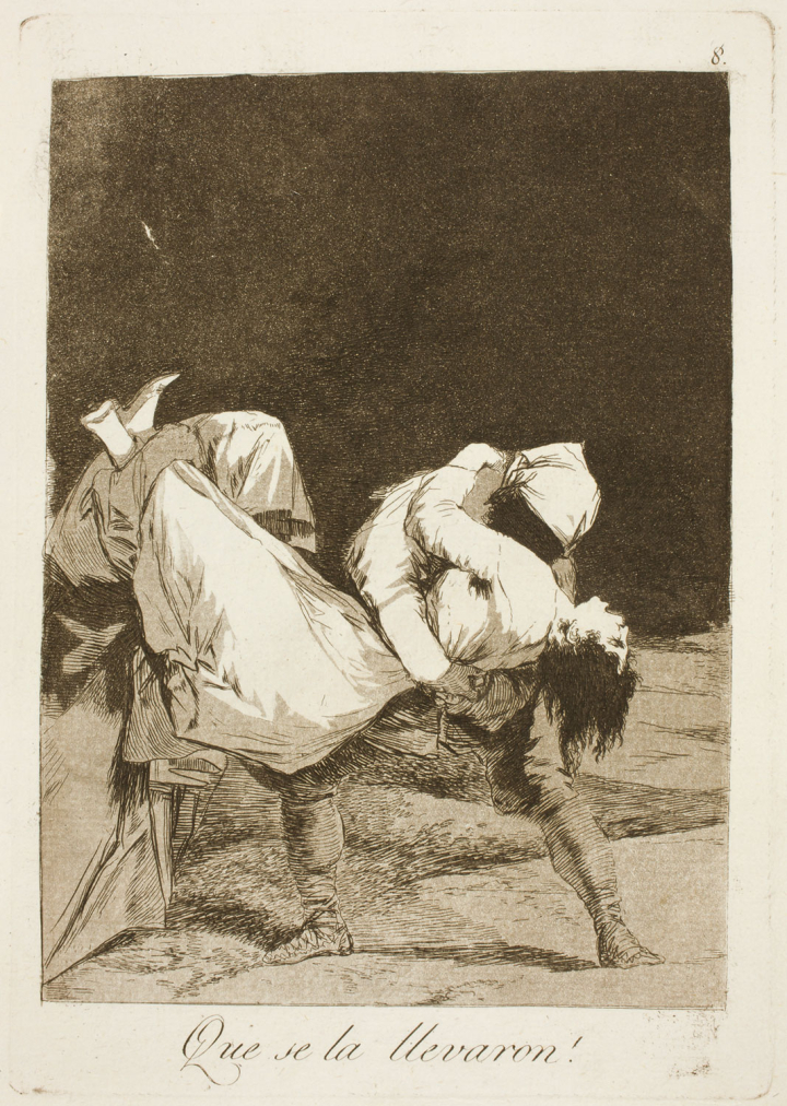 Francisco de Goya, N°8, Ils l'ont emmenée !, planche issue d'une série de 80 gravures, Les Caprices (1797-1799), consistant en une satire de la société espagnole. Eau-forte et aquatinte, 30,6 x 20,1 cm.