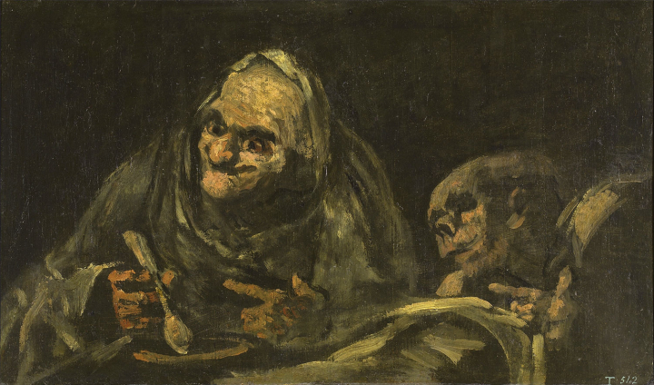Deux vieillards mangeant de la soupe, huile sur plâtre transférée sur toile, 49,3 × 83,4 cm. Issue des Peintures noires (1819-1823) qui décoraient la Quinta del Sordo, maison que Francisco de Goya acquit en 1819. Collections du Musée du Prado, Madrid, Espagne.