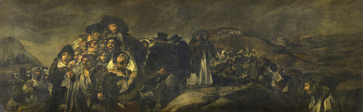 La Procession de Saint-Isidore (détail), huile sur plâtre transférée à la toile, 140 × 438 cm. Issue des Peintures noires (1819-1823) qui décoraient la Quinta del Sordo, maison que Francisco de Goya acquit en 1819. Collections du Musée du Prado, Madrid, Espagne.
