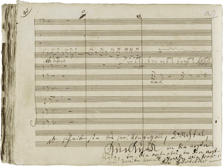 Ludwig van Beethoven, page extraite de la partition originale de la symphonie dite Pastorale, numéro 6 en fa majeur.