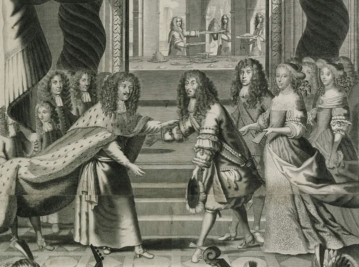 Nicolas de Poilly (1626-1686), Le prince de Condé et son fils le duc d'Enghien accueillant le roi de Pologne au château de Chantilly (détail), 1670, gravure. Le personnage, au fond, à gauche, serait probablement François Vatel, alors au service du prince de Condé. Bibliothèque nationale de France, Collection Hénin.