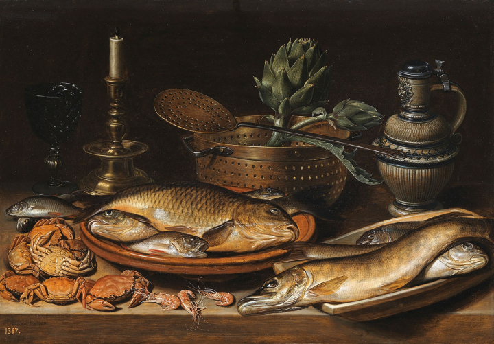 Clara Peeters (1587-1657), Nature morte avec poisson, bougie, artichauts, crabe et crevettes, 1611, huile sur bois, 50 x 72 cm.  Collections du Musée du Prado, Madrid, Espagne