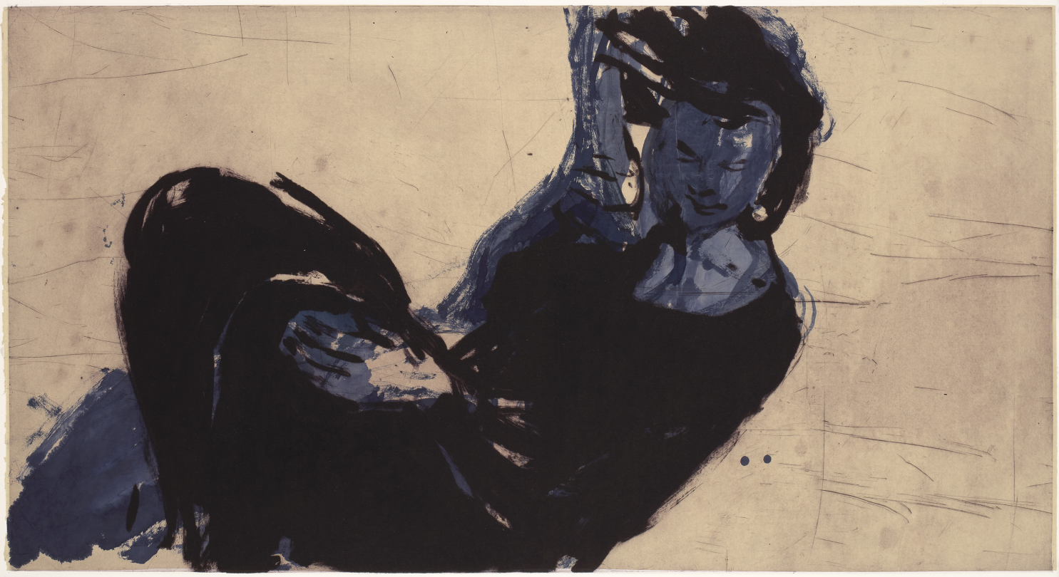 "Jeune fille bleu", Encre, pointe sèche et carborandum sur papier de Chine marouflé sur Arches 400g, 131x71, 2019 © Germain PLOUVIER