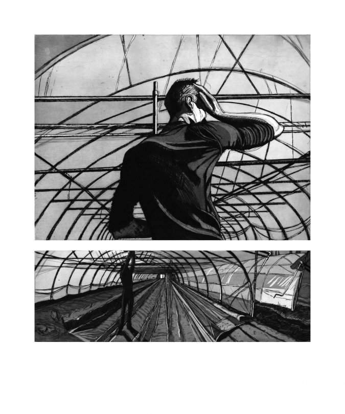 Romain Gléran, Maraîcher Bio, Saint-Jean du Doigt - Figures du Littoral planche 1, 2016-2017,  eau-forte et pointe sèche, 40 x 60 cm  le portrait, 20 x 60 cm la prédelle, _1920w