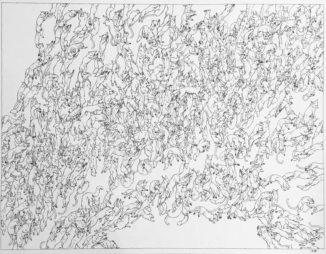 Kajika Aki Ferrazzini, "Discussion", rotring isographe 0,35, encre noire à rotring, 60x50 cm, 2018